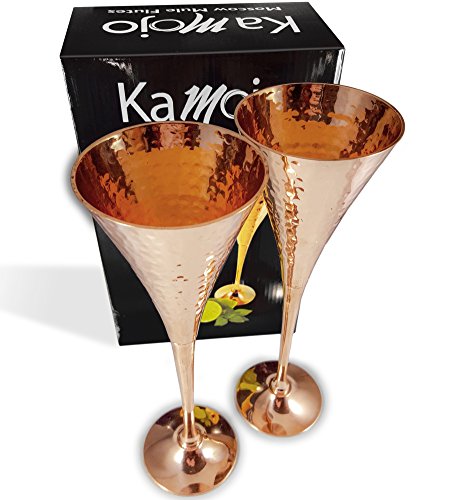 Product Cover Copper Flutes for Wedding Toasts, Champagne Moscow Mules, Appetizers & Anniversaries - Crafted with Hammered Copper by Kamojo - Unique Gift Set of 2