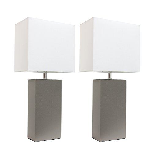 Product Cover Elegant Designs LC2000-GRY-2PK 2 Pack Modern Leather Table Lamps with White Fabric Shades, Gray