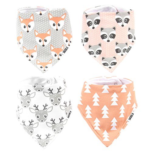 Product Cover Stadela Baby Adjustable Bandana Drool Bibs for Drooling and Teething Nursery Burp Cloths 4 Pack Unisex Baby Shower for Girl and Boy - Woodland Adventure Forest Animal Fox Deer Raccoon Tree