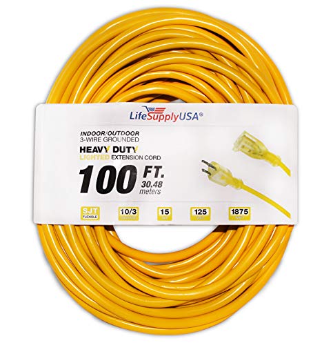 Product Cover LifeSupplyUSA 10/3 100ft SJTW Lighted End Extension Cord, 15 Amp, 125 Volt, 1875 Watt, Super Heavy Duty Outdoor Jacket (100 feet)