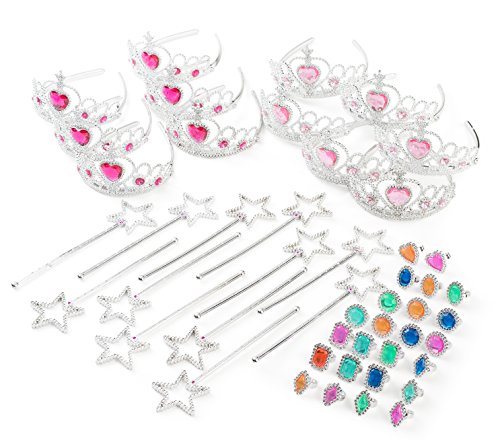 Product Cover Princess Pretend Play Set - Easter Tiara Dress Up Play Set - Crowns, Wands, and Jewels - Princess Girls Party Favors - Princess Costume Party Play Set, (12 Princess Crown Tiaras, 12 Wands, 24 Rings)