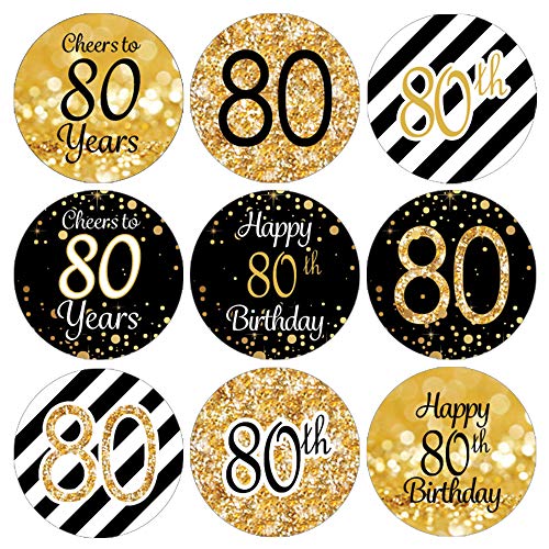 Product Cover DISTINCTIVS Black and Gold 80th Birthday Party Favor Labels - 180 Stickers