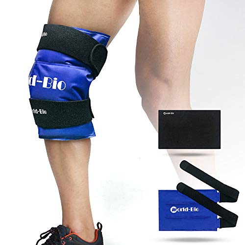 Product Cover WORLD-BIO Knee Ice Gel Pack Wrap for Injuries, Reusable Cold Hot Therapy for Leg Thigh Shin Elbow Pain, 2 Elastic Neoprene Straps & Medical Freezable Compression Pad Support for Post Surgery Recovery