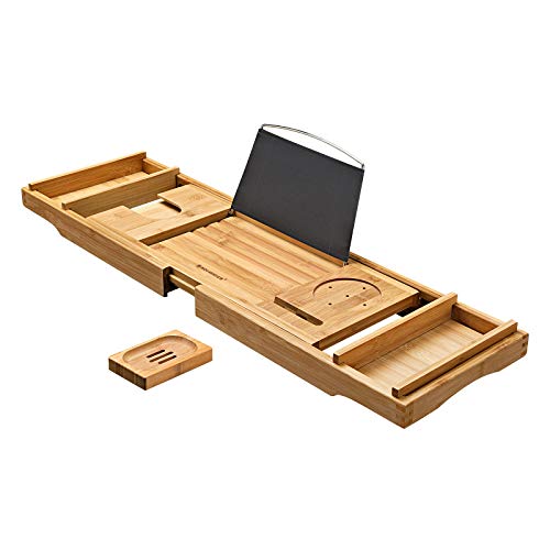 Product Cover SONGMICS Luxury Extendable Bathtub Caddy Tray, Tub Shelf for Reading with Wine Holder, One or Two Person Bath and Bed Tray, with Free Soap Tray Natural Bamboo UBCB88Y