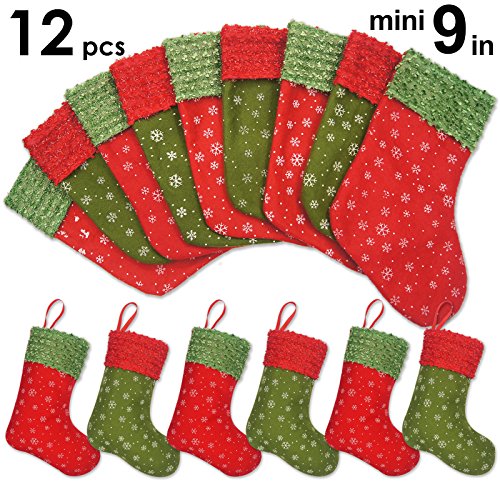 Product Cover Ivenf Christmas Mini Stockings, 12 Pcs 9 inches Felt with Snowflake Printed, Gift Card Silverware Holders, Bulk Treats for Neighbors Coworkers Kids, Small Rustic Red Xmas Tree Decorations Set