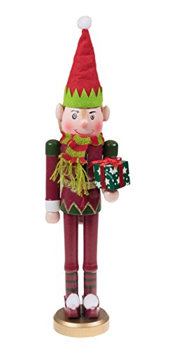 Product Cover Clever Creations Santa's Elf Christmas Nutcracker Traditional Wooden Nutcracker | Wearing Elf Hat and Scarf | Holding Gift | Festive Christmas Decor | Perfect for Shelves and Tables | 15