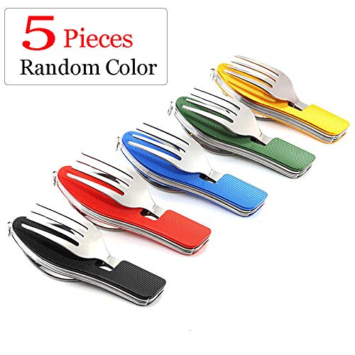 Product Cover Camping Utensils Cutlery Set - 4 in 1 (Fork/Spoon/Knife/Bottle Opener) -5 Pack- Stainless Steel Folding & Detachable Flatware Tableware Pocket Kits for Hiking Survival Camping Travel ,Random Color