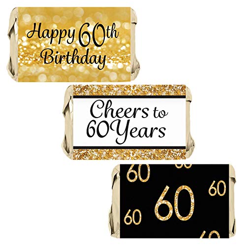 Product Cover DISTINCTIVS 60th Birthday Party Miniatures Candy Bar Wrapper Stickers - Gold and Black - 45 Count