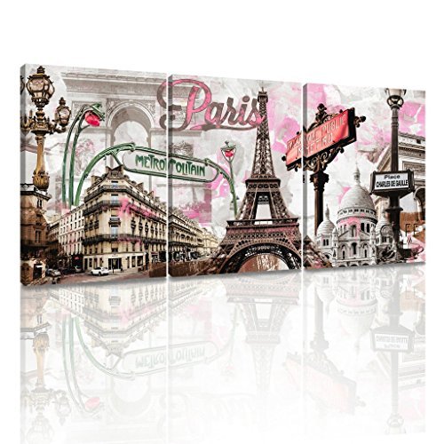 Product Cover Decor MI Modern Wall Art Pink Paris Eiffel Tower Bedroom Decor Romantic City Paintings Poster Prints On Canvas Framed for Living Room 12x16 inch 3 Panels