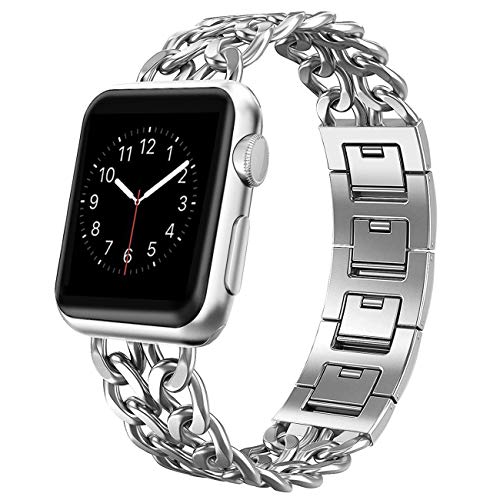 Product Cover AmzAokay Replacement Bands Compatible for Apple Watch 38mm 42mm Stainless Steel Metal Cowboy Chain Strap Wrist Band for Apple Watch 40mm 44mm Series 5 4 3 2 1 Sport and Edition (Silver, 42mm/44mm)