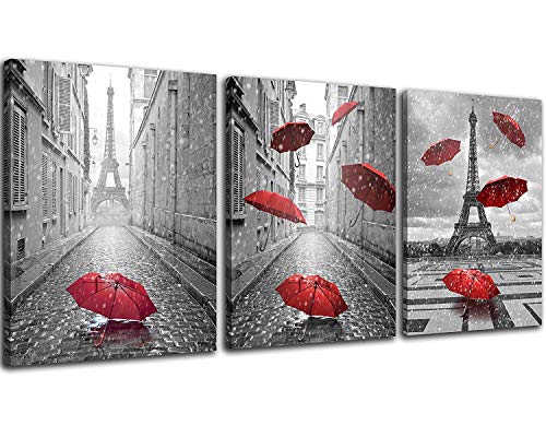 Product Cover NAN Wind 3 Panels Modern Giclee Canvas Prints Paris Black and White with Eiffel Tower Red Umbrellas Flying Wall Art Landscape Wall Decor Paintings on Canvas Framed Ready to Hang for Home Decor