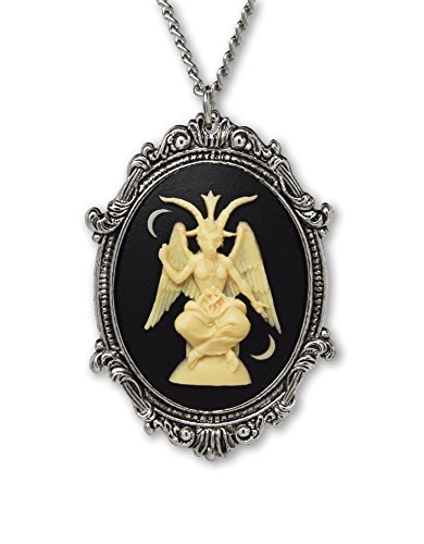 Product Cover Real Metal Sitting Satanic Baphomet Cameo in Silver Finish Frame Necklace Pendant Ivory on Black