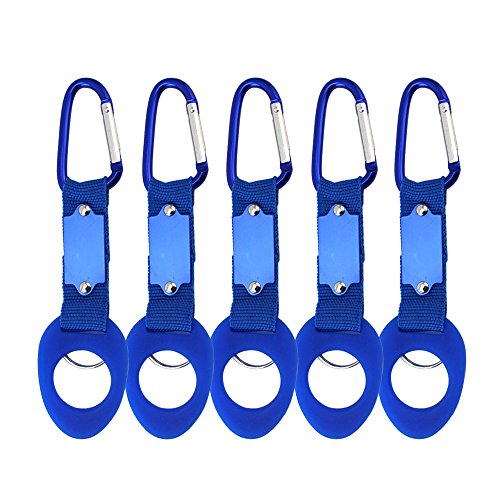 Product Cover OUTFANDIA 5 Pack Silicone Water Bottle Holder Hook W/Key Ring - Hanging Buckle Mineral Water Bottle Clip Drink Holder Buckle for Outdoor Camping Hiking Traveling (Blue)
