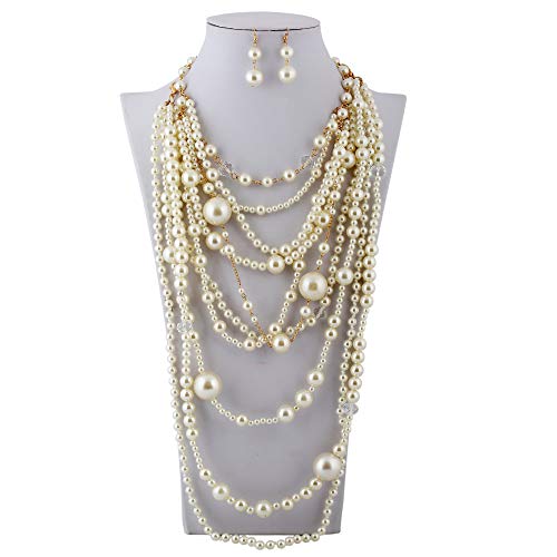 Product Cover Thkmeet Fashion Multilayer Strand Simulated Pearl Statement Necklace and Earrings Set Women Long Sweater Chain Choker Necklace