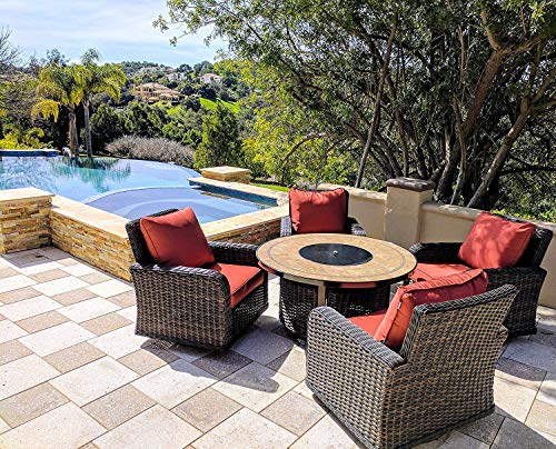 Product Cover Kinger 5 Piece Round Propane Gas Fire Pit Table Patio Conversation Set, Red Outdoor Cushions Rattan Wicker Outdoor Furniture Patio Rocking Chairs, 50 Inch Stone Tile Top Deck LP Fire Pit Table