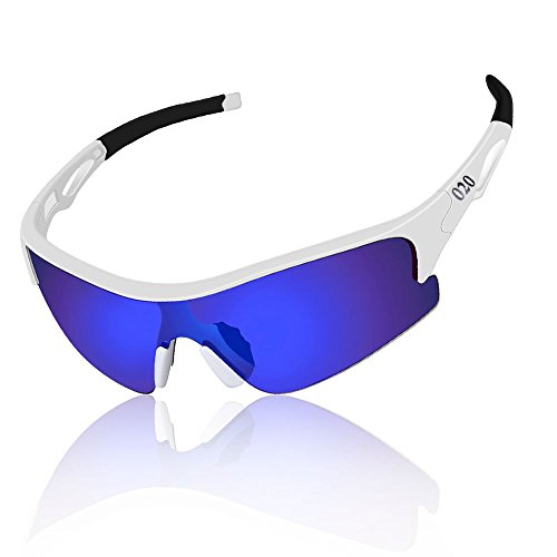 Product Cover O2O Polarized Sports Sunglasses for Men Women Teens Running Driving Golf Durable Frame (White, Blue)