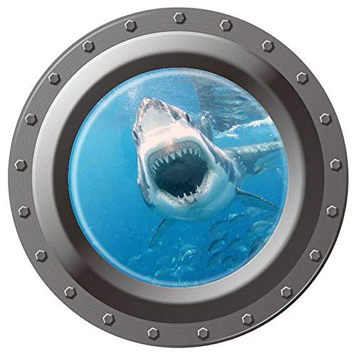 Product Cover Home Find 17 inches x 17 inches 3D Submarine Porthole View of Ocean Undersea World Shark Fish Wall Stickers Peel and Stick Vinyl Murals Wall Decals Removable Kids Room Bedroom Nursery Wall Decoration
