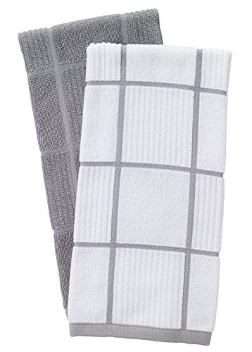 Product Cover T-Fal Textiles Woven Solid & Checked Parquet Design, Highly Absorbent 100% Cotton Kitchen Dish Towel, 16-inch by 26-inch, Set of 2, Gray