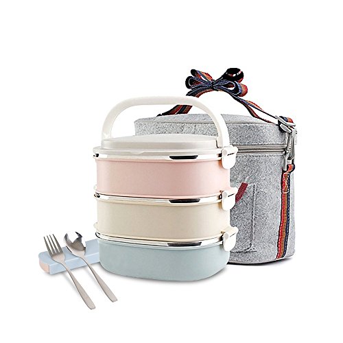 Product Cover Unichart Stainless Steel Square Lunch Box with Container Bag, Spoon and Fork, Perfect for Salads Sandwiches, Snacks(3-Tier)