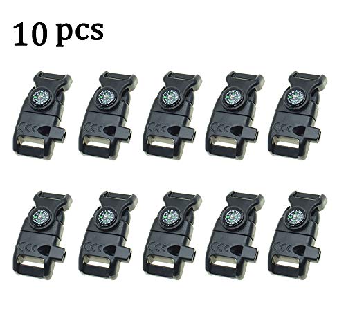 Product Cover YEHAM 10 PCS Emergency Whistle Buckle come with Compass&Fire Starter&Flint Scraper for Outdoor Camping Paracord Bracelet (black)