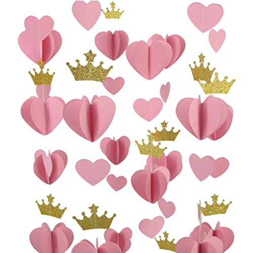 Product Cover Mybbshower Gold Pink 3D Paper Heart Crown Garland Girl Princess Birthday Party Nursery Room Decor Balloon Tail Pack of 5