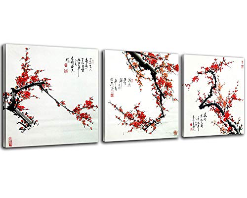 Product Cover NAN Wind Small Size Traditional Chinese Cherry Blossom red Wall Art Plum Blossom Canvas Prints 3 Panels Wood Framed Red Plum Blossom Wall Art Plum Flowers Print Painting 30x30cm Each Panel