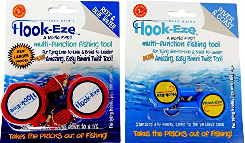 Product Cover HOOK-EZE 2 x Twin Packs 1 x New Larger Model Reef & Blue Water + 1 x Original River & Coast Safe Fishing Hook Cover & Knot Tying Tool (Lg Red + Blue)