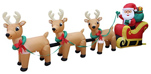 Product Cover 12 Foot Long Lighted Christmas Inflatable Santa Claus on Sleigh with 3 Reindeer and Christmas Tree Yard Decoration