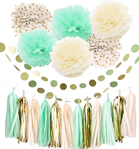 Product Cover 20pcs Mint Cream Gold Party Decoration Kit with Tissue Paper Tassel Garland Tissue Paper Flower Circle Garland for Rustic Wedding Baby Shower, Birthday Party, Nursery Decoration