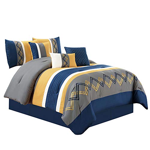Product Cover Chezmoi Collection Arden by 7 Pieces Modern Pleated Stripe Embroidered Zigzag Bedding Comforter Set (King, Navy/Gray/Yellow/Off-White)