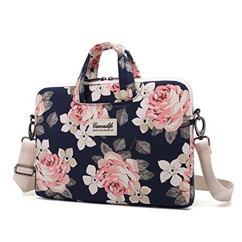 Product Cover Canvaslife White Rose Patten Canvas Laptop Shoulder Messenger Bag Case Sleeve for 14 Inch 15 Inch Laptop Macbook Pro 15 Case Laptop Briefcase 15.6 Inch
