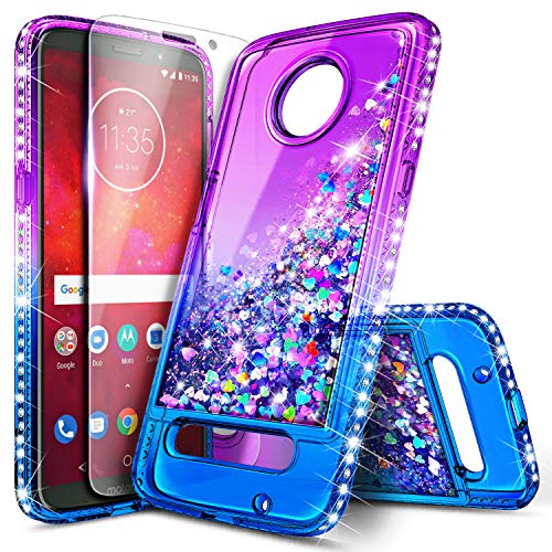 Product Cover NageBee Glitter Liquid Sparkle Bling Floating Waterfall Shockproof Case with Tempered Glass Screen Protector for Motorola Moto Z Force Droid 2016, Purple/Blue