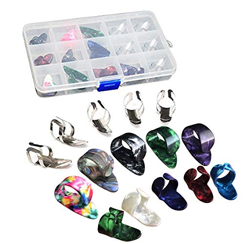 Product Cover 15pcs Stainless Steel Celluloid Thumb Finger Guitar Picks Plectrum + 15 Grid Case Storage Box