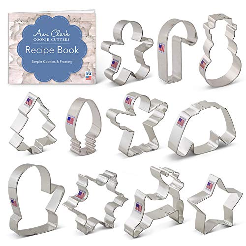 Product Cover Ann Clark Cookie Cutters 11-Piece Christmas Cookie Cutter Set with Recipe Booklet, Snowflake, Christmas Tree, Candy Cane, Reindeer and More