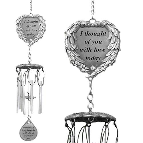 Product Cover BANBERRY DESIGNS Memorial Windchimes - I Thought of You with Love Today Poem Engraved on This Wind Chime - Angel Wings Wrapped Around a Heart and Teardrop Charm - in Loving Memory Chimes