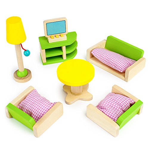 Product Cover Imagination Generation Luxurious Living Room Set, 10 Pieces - Wooden Doll House Accessories Bundle - Miniature Furniture for Girls - Sofa, Chairs, Table, TV, & Lamp Toys for Kids