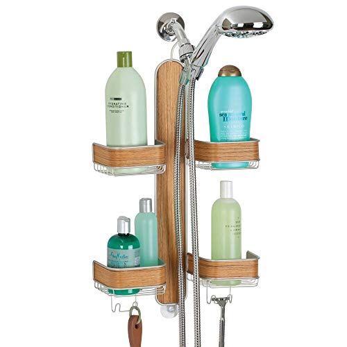 Product Cover mDesign Metal Hanging Bath and Shower Caddy Storage Organizer for Hand Held Shower Head and Hose - 2 Levels for Bathroom Showers, Stalls, Bathtubs - 4 Shelf Format - Satin/Teak Wood Veneer Finish