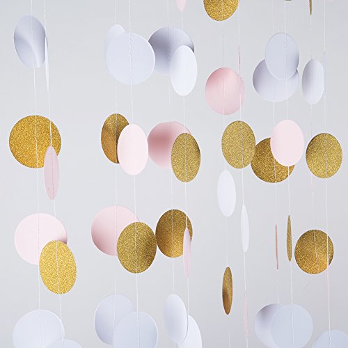 Product Cover MOWO Glitter Paper Garland Circle Dots Hanging Decor,2'' Diameter,9.8-feet(gold glitter/pink/white,2pc)