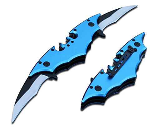 Product Cover Batman Bat Folding Dual Twin Double Blade Spring Assisted 5 Colors Pocket Knife Tactical Belt Clip Black Yellow Silver Blue Red Knives (Blue)