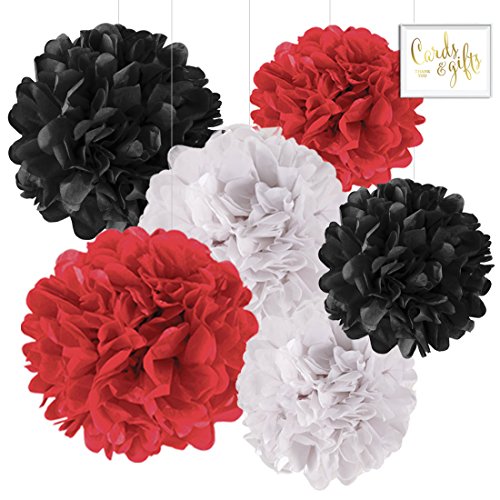 Product Cover Andaz Press Hanging Tissue Paper Pom Poms Party Decor Trio Kit with Free Party Sign, Red, White, Black, 6-Pack, for Ladybug Baby Shower Birthday Decorations