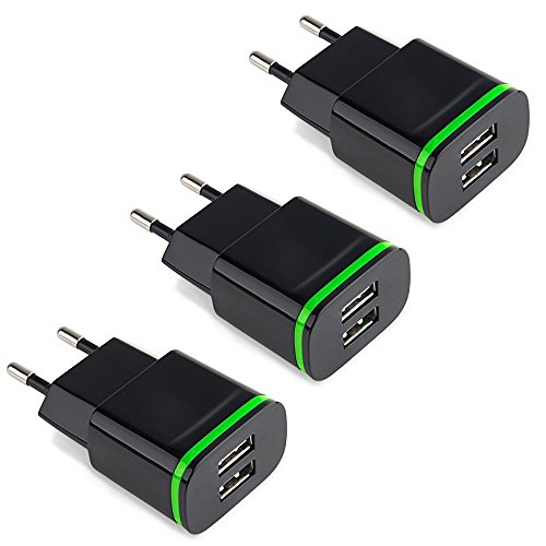 Product Cover Power-7 European Adapter Plug, 3-Pack 2.1Amp EU Charger Travel Power Adapter Dual USB Wall Charger with LED Light for iPhone X 8 7 6 Plus, Samsung Galaxy S9 S8 S7 S6 Edge, HTC, LG, Android (Black)