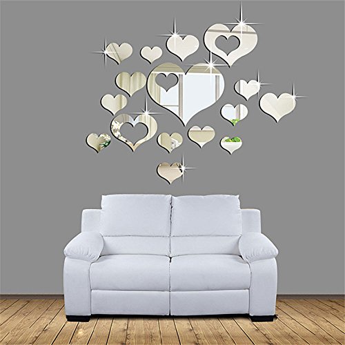 Product Cover Ikevan 1Set 15pcs 3D Acrylic Heart-shaped Mirror Wall Stickers Plastic Removable Heart Art Decor Wall Poster Living Room Home Decoration,Multi-size,Silver(Smal)