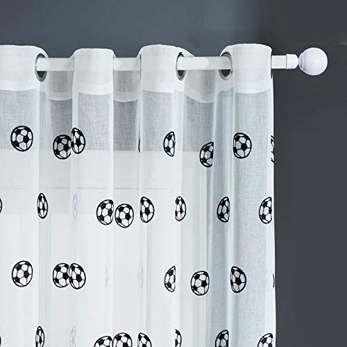 Product Cover Top Finel Soccer Kids Sheer Curtains for Boys Girls Bedroom 84 Inches Long Faux Linen Grommet White Window Curtains, Black, 2 Panels