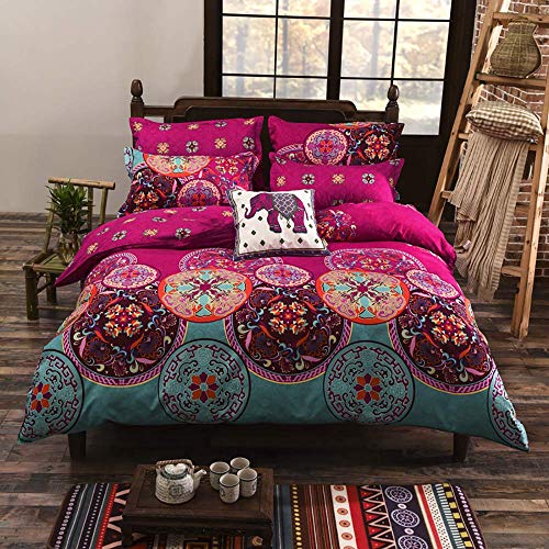 Product Cover DasyFly 4PCS Bohemian Bedding Lightweight Microfiber Boho Duvet Cover Set Queen Size Rose Red Floral Bedding Mandala Duvet Cover with Zipper Closure