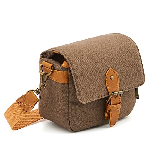 Product Cover Compact SLR/DSLR Camera Shoulder Bag Evecase Small Canvas Shoulder Pouch Case for 4/3 Micro Four Third/Compact System/Mirrorless/Power Zoom/Instant Instax Film Digital Camera- Brown