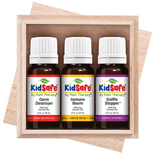 Product Cover Plant Therapy KidSafe Wellness Sampler Set. 100% Pure, Undiluted, Therapeutic Grade. Includes: Germ Destroyer, Immune Boom and Sniffle Stopper. 10 ml (1/3 oz) each.