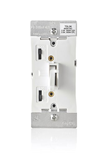 Product Cover Leviton TSL06-1LW Toggle Slide Universal Dimmer, 300-Watt Dimmable LED and CFL, 600-Watt Incandescent and Halogen for Single Pole or 3-way, with locator light, 1-Pack, White