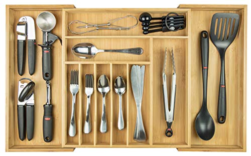 Product Cover KitchenEdge Premium Silverware, Flatware and Utensil Organizer for Kitchen Drawers, Expandable to 28 Inches Wide, 10 Compartments, 100% Bamboo