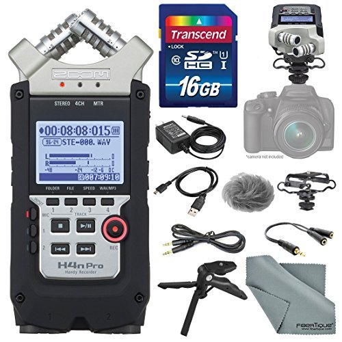 Product Cover Zoom H4nPro Four-Channel Handy Audio Recorder Accessory Pack kit, Microphone Shock mount, Table tripod, 16GB, along with Fibertique Cleaning cloth
