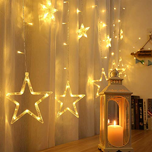 Product Cover ilikable Star Curtain String Lights Valentine's Day Decoration, 138 LEDs 12 Star Lights Indoor Outdoor 8 Modes Memory Function for Bedroom Window Party Wedding Valentine Wall Decor, Warm White